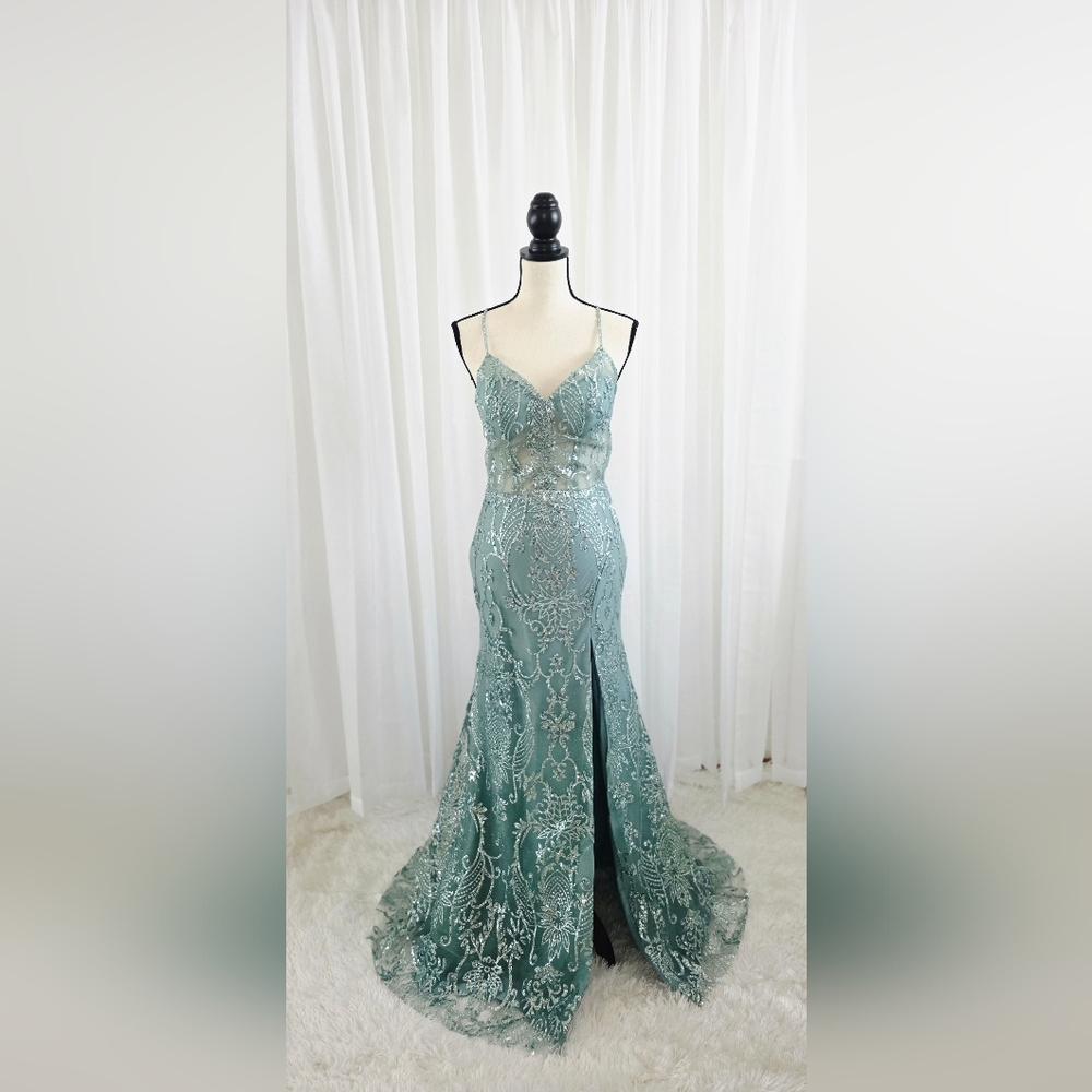 Elegant Beaded Spaghetti-Strap Evening Dress - Seafoam Green